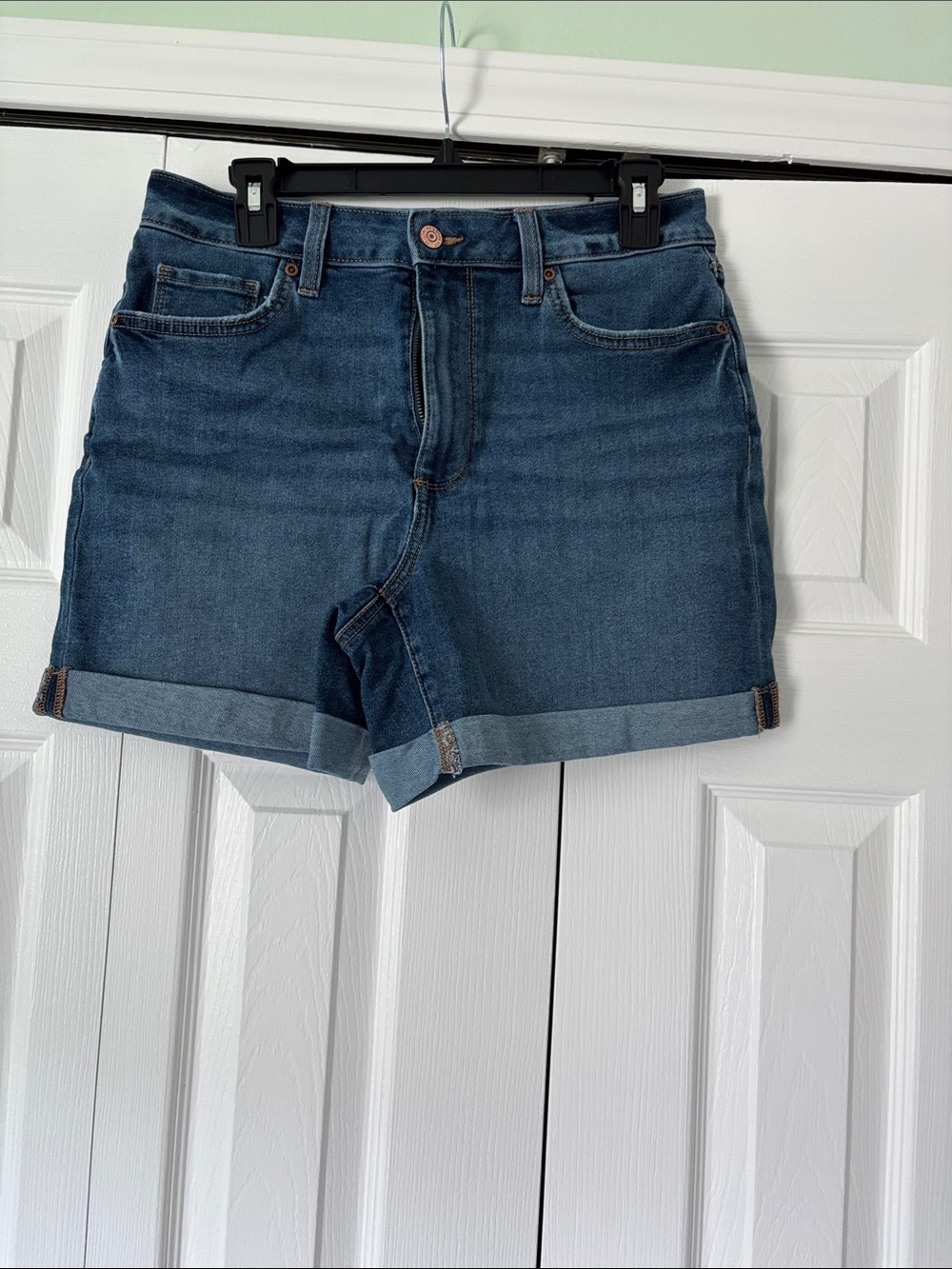 Women's Mid-Rise Dark Blue Denim Roll-Cuff Shorts
